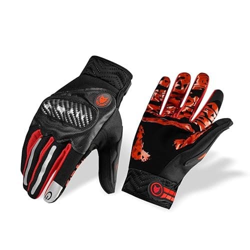 BADOWL Carbon Fiber PVC Knuckle Protection Riding Gloves | Touchscreen Sports Gloves with Anti-Slip Grip | Breathable, All-Weather, (RED, XL)