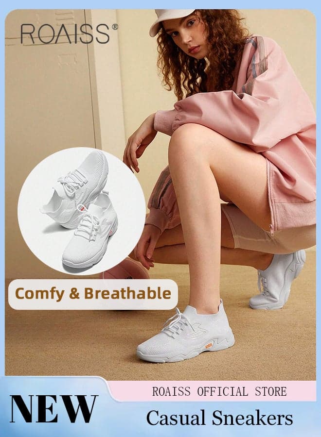 Fly Woven Sports Shoes for Women Low-Top Sneakers Lace up Minimalist Versatile Sneakers with Shoelace Non Slip Breathable Lightweight Outdoor Running Shoes Casual Walking Athlesiure White Shoes for Students or Sporty People