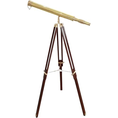 Shiny Brass Nautical Telescope with Wooden Tripod Vintage Spyglass in Golden Brown Finish for Home Office Decor Collector Display Maritime Gift