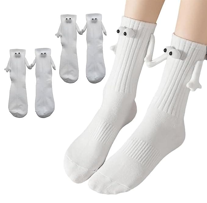 Smilelife 2 Pairs Magnetic Holding Hands Socks - Funny Gifts for Women & Men, Couples, Teens, Friends (White)