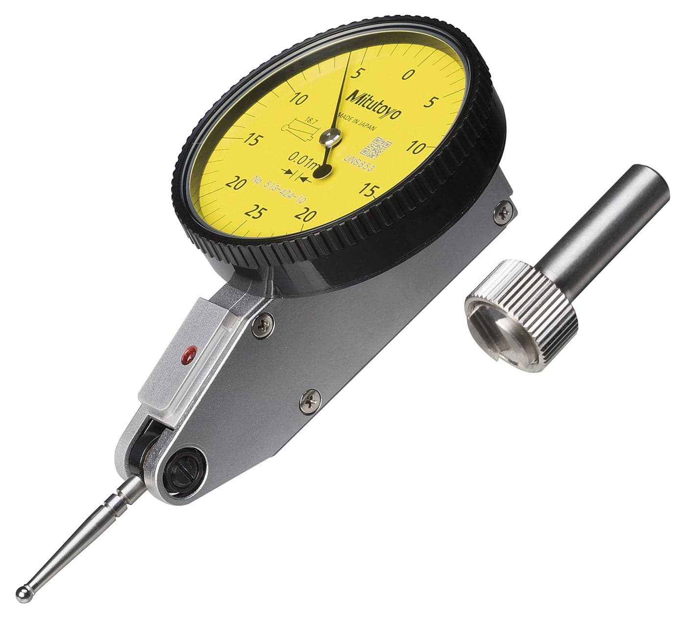 Mitutoyo 513-424-10E Dial Test Indicator, Horizontal Type, 0-0.8 mm Range, 0.01 mm Graduation, Shock-Resistant Indicator with Jeweled Bearings for Alignment and Inspection Tasks