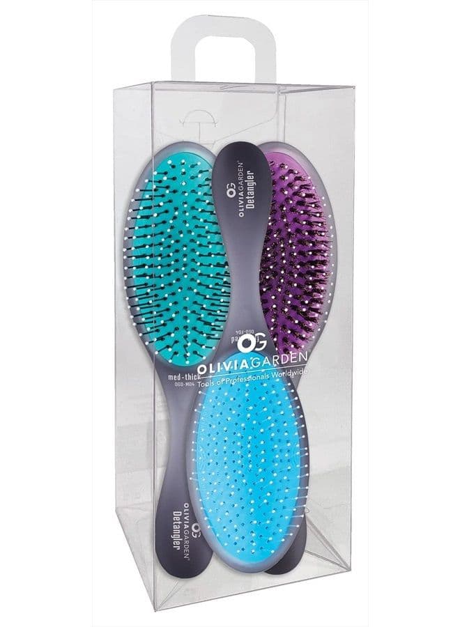 OG Brush Collection, removable cushion, scalp hugging massages the scalp, 1 fine to medium and 1 medium to thick detangler, 1 smooth and shine styler, for wet or dry hair, Black 3pc box