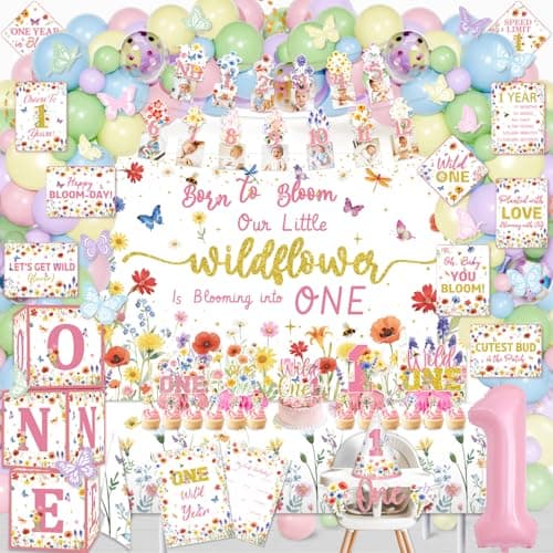 Mpanwen Wildflower Wild One Birthday Decorations Girl 152 Pcs First Wild Flower Theme Party Decor Supplies for 1st Girl Baby Backdrop Tablecloth Centerpieces Crown Poster Wall Signs Blocks