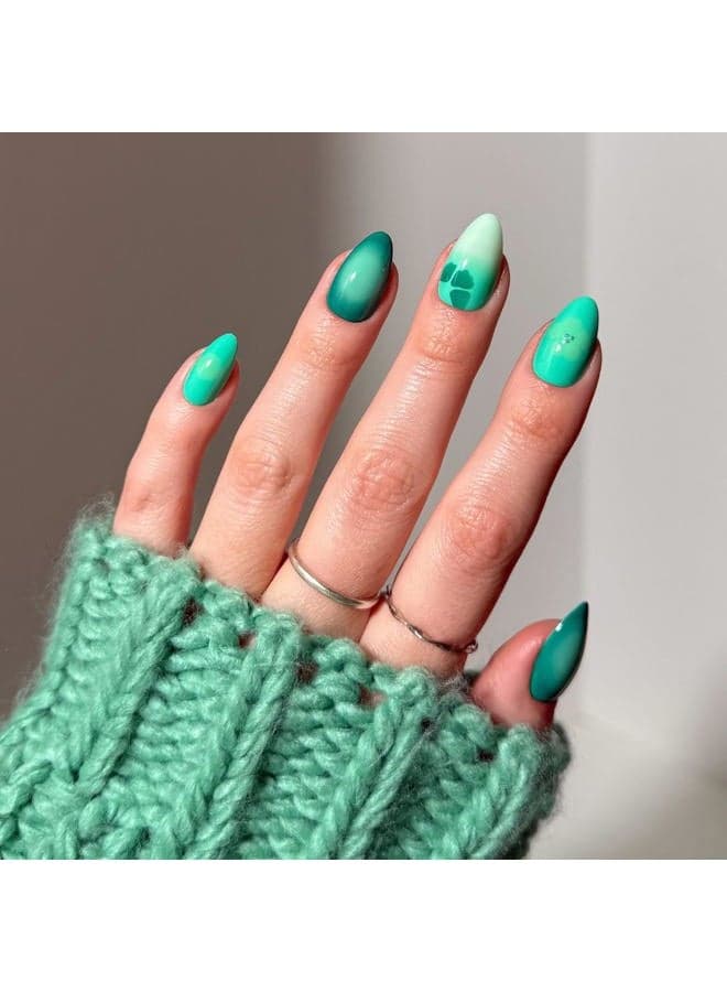 Press On Nails - Siren Green | Short Almond Fake Nails with an Aquamarine Gradient and Tropical Flower Accents, Salon Quality Summer Nails | 15 Sizes - 30 Nail Kit with Glue