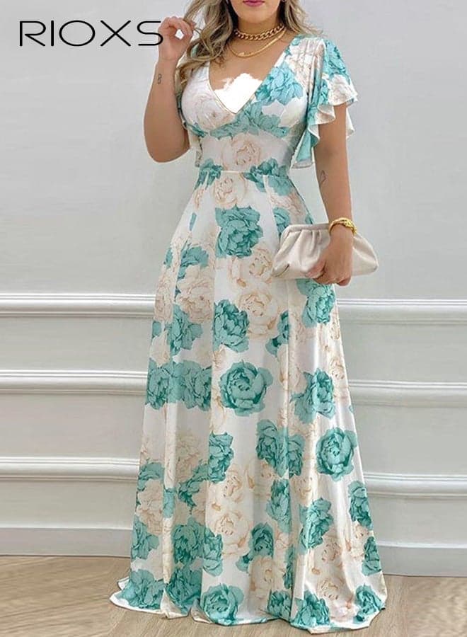 Women's V-neck Floral Maxi Dress, Elegant Boho Summer A-line High Waist Dress Features Ruffle Short Sleeve, Flowy Breathable Beach Dresses for Vacation
