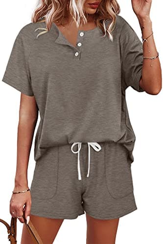 WIHOLL Lounge Sets for Women Shorts Short Sleeve Pajama Set Khaki XL