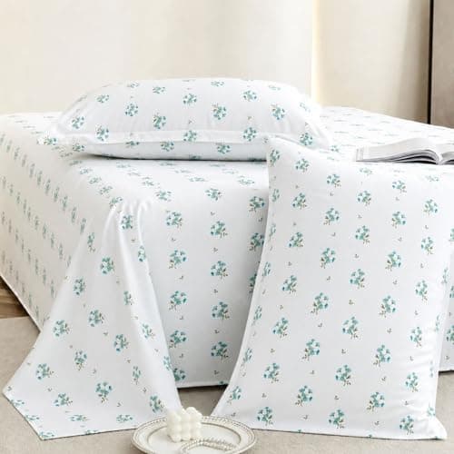 Plumora Double Bed Cotton Bedsheet Queen Size 90x100, 100% Pure Cotton Bed Sheet with 2 Pillow Covers, 240 TC Soft Breathable Floral Design – (Aqua Breeze)