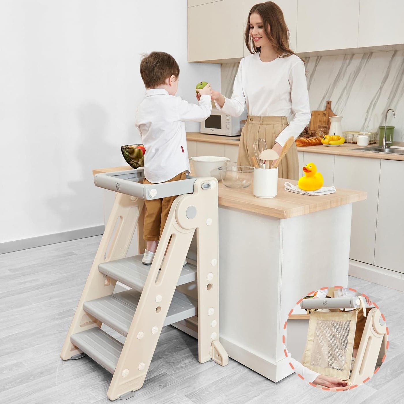 Forbena Foldable Toddler Tower Kitchen Learning Stool Helper Montessori Kids Standing Tower for Counter Collapsible Adjustable Baby Child Step Stool with Safety Net for Bathroom Sink Grey