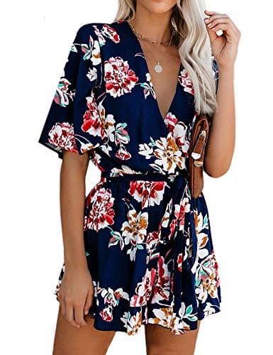 AIMCOO Women's Summer Deep V-Neck Floral Print Romper Ruffle Hem Half Flared Sleeve Jumpsuits Waist Tie Casual Short Rompers