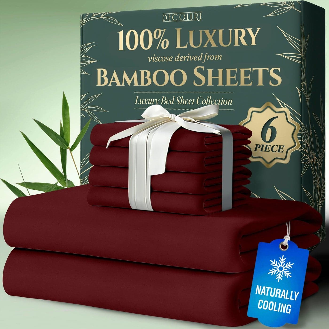 DECOLURE 100 Viscose Derived from Bamboo Sheets Queen Size 6pcs Ultra Soft Luxuriously Cooling 17 Deep Pocket Double Stitching Perfect for Hot Sleepers Queen Bed Sheets Burgundy