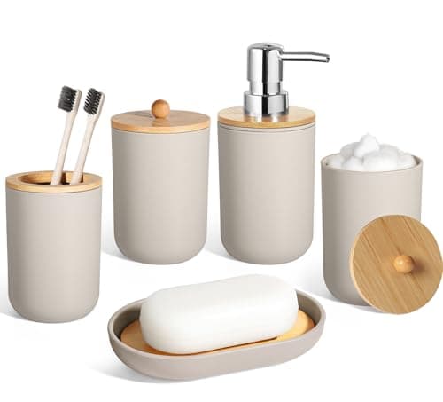 ALPIRIRAL Bathroom Accessories Set 5 Pcs Plastic Beige Bathroom Decor Soap Dispenser and Toothbrush Holder Set Soap Dish Cotton Swab Jar Bathroom Set Boho Bathroom Organizer Accessory