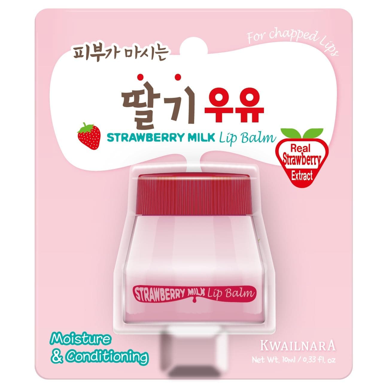WELCOS Kwailnara Milk Lip Balm Moisturizing Soothing Nourishing with Milk and Royal Jelly Extract Korean Lip Care 10 ml 033 Fl oz Strawberry pink