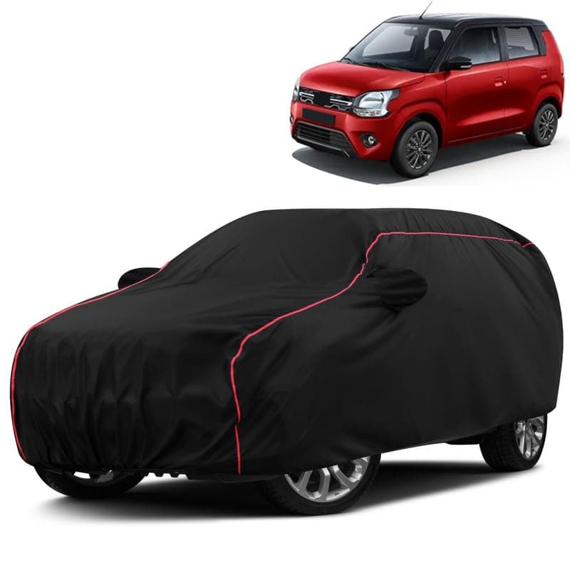 VOICO Water-Resistant Dustproof Car Cover for Maruti Suzuki WagonR - Mirror Pocket, UV Protection, Scratch Guard, Buckle Belt, Front & Back Bottom Elastic with Red Piping - Black