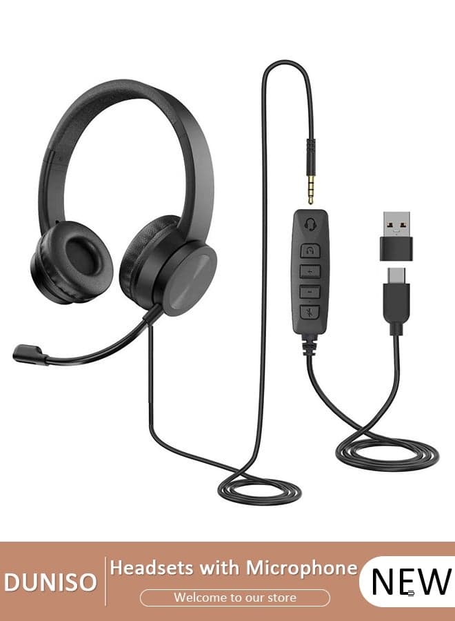 Lightweight Type C Headset with Mic, Wired Over Ear Headphone for Call Center, Noise Cancelling Microphone , Ear Mask Filler with High Quality Sponge , Volume Control,Comfortable Wearing Design for PC,Study,Office