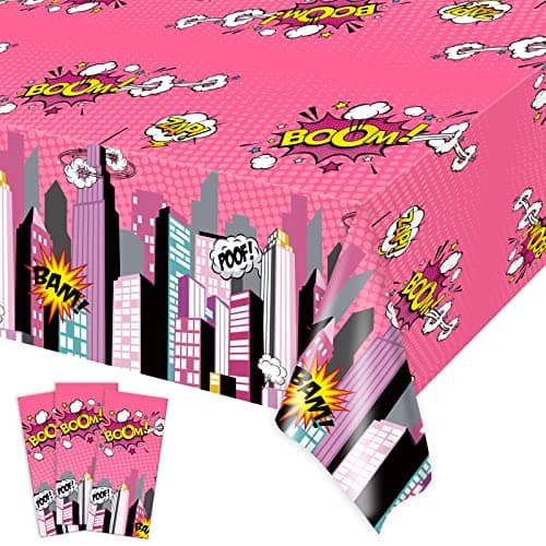 gisgfim 3 Pcs Super Girl Hero Party Tablecloth Pink Super Girl Hero Theme Party Supplies Decorations for Kids Girls Disposable Plastic Table Cover 105 x 54 inch