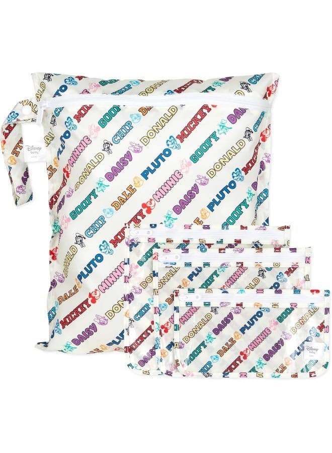 Bumkins - Waterproof Wet Bag & Clear Travel Bags - For Beach, Baby, Travel, Swim Suit, Cloth Diapers, Pump Parts, Pool, Gym, Toiletries - Reusable & Easy to Clean - Mickey and Friends White - 4 Pack