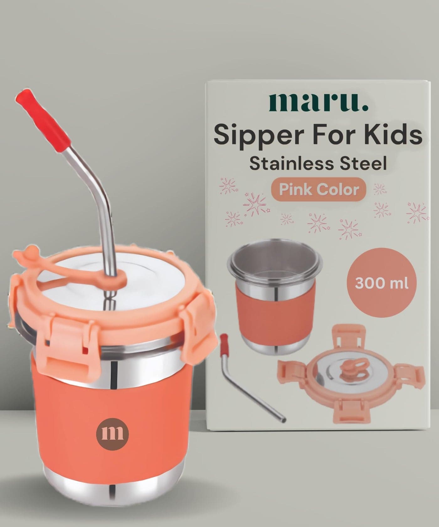 MARU Steel Sipper for Kids/Baby/Toddlers 300ml, Steel Drinking Glass Tumbler with Lids & Straw, Anti-Slip Silicone Grip Avoids Spilling, Easy to Carry & Use - Water, Milk, Juices & More - Ice Pink