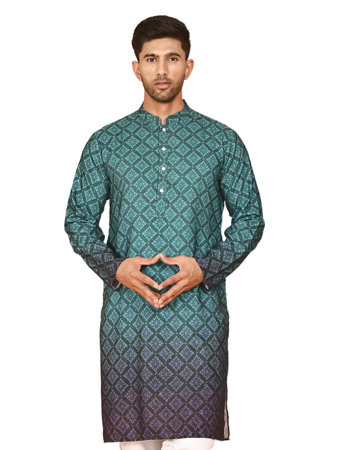 Jompers Ombre Printed Kurtas for Men (Teal Blue, L)