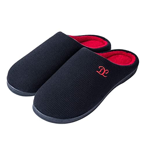 DL Mens Memory Foam Slippers - Comfy House Slippers For Men Indoor/Outdoor, Warm Soft Flannel Lining Closed Toe Size 7-8 Black Red