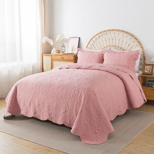 HoneiLife Queen Quilt Bedding Set 3 Pieces Microfiber Quilt Sets Lightweight Bedspreads Reversible Coverlets Rustic Bed Cover Floral Bedding Set All Season QuiltsPink