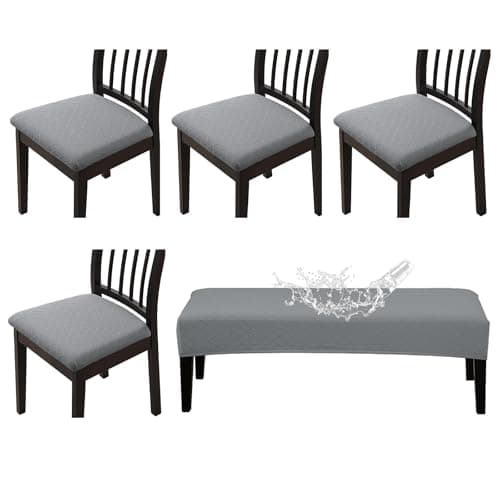 CALBODE Waterproof Seat Covers for Dining Room Chairs Set of 4 with Stretch Bench Slipcover Jacquard Chair Covers Removable Washable Kitchen Chair Seat Cushion Protector(Light Gray, 5 PCS)