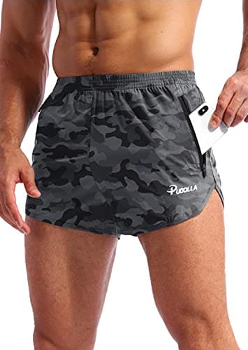 Pudolla Men’s Running Shorts 3 Inch Quick Dry Gym Athletic Workout Shorts for Men with Zipper Pockets(Camo Black Medium)