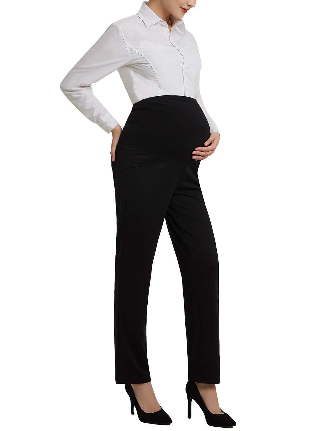 Bhome Maternity Pants for Work Bootcut OverBump Stretchy Career Office Long Pants Trousers Black L