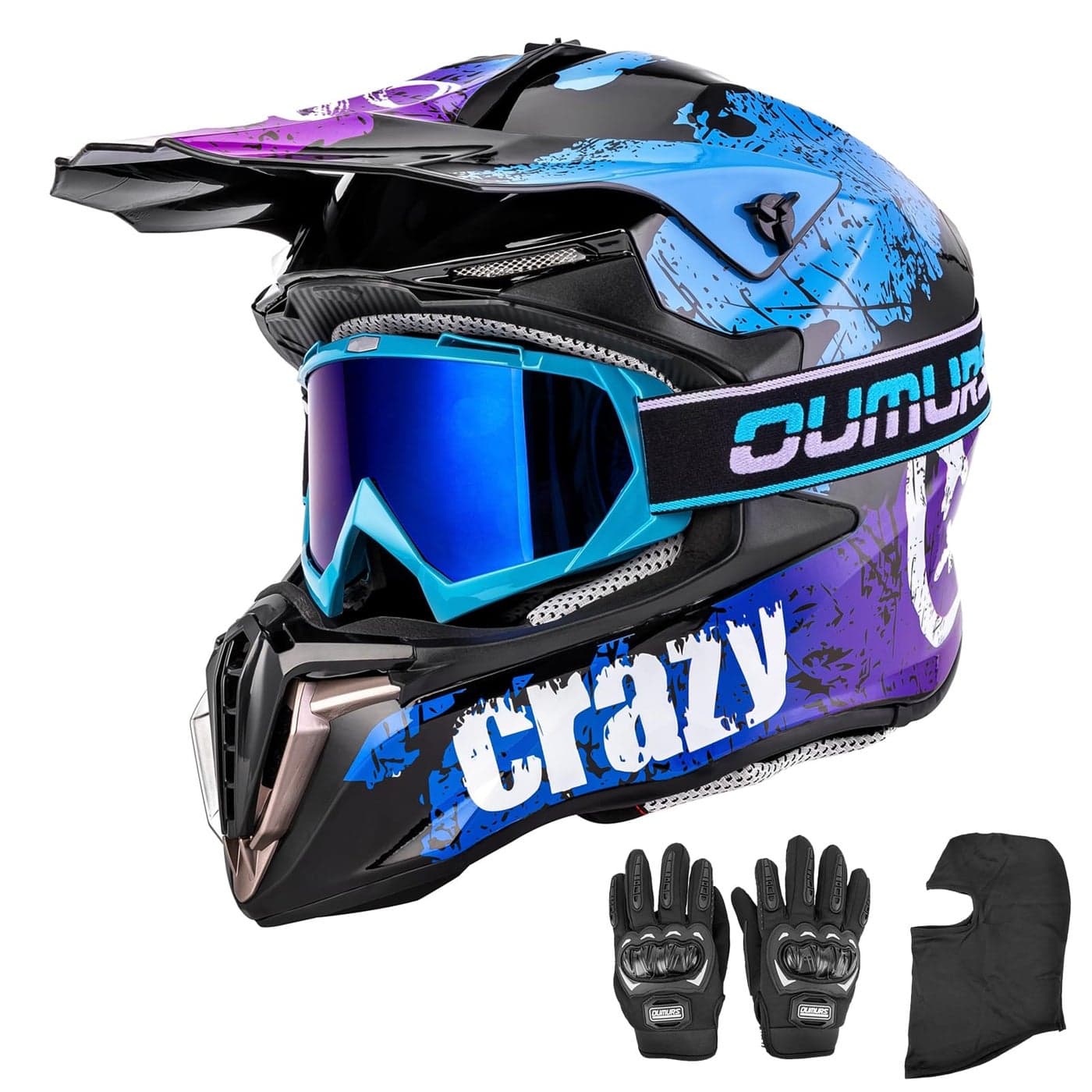 OUMURS Adult ATV Dirt Bike Helmet with Gloves Mask Adjustable Sun Visor Motorcycle Adult Helmet OffRoad Motocross Downhill Moped MX for UnisexAdultCrazy Blue L