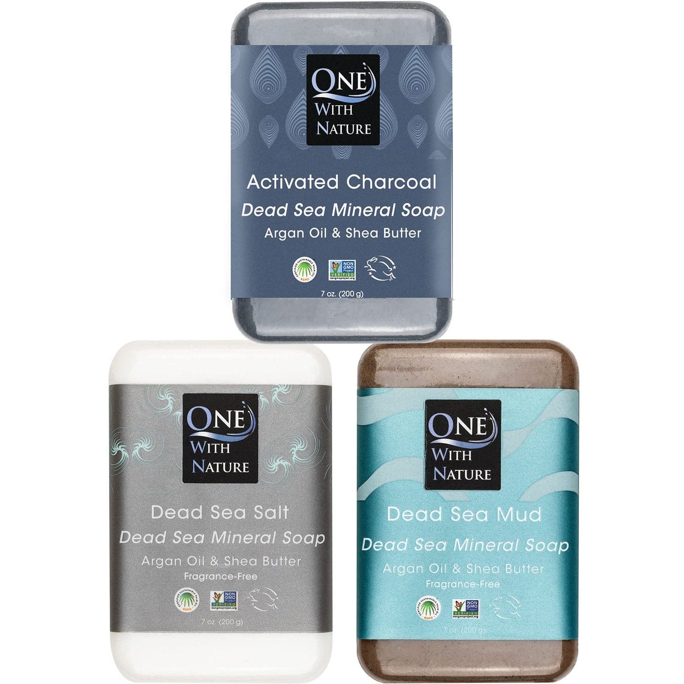 One With Nature Dead Sea Soap 7oz Variety 3PkDead Sea Mud Activated Charcoal and Dead Sea SaltDetoxifying and Exfoliating Soap Bars with Dead Sea Salt for Face Body for Men Women