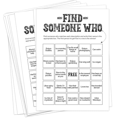Sahjzk Office Bingo Cards 25 Unique Randomized 5x7 Sheets Get to Know You Bingo Game for Adults Ice Breaker Office Party Games Team Building Games for Work High Replay Value B005