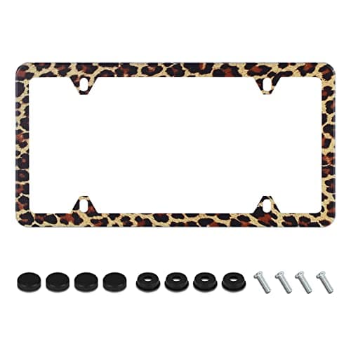 Brown Leopard Print License Plate Frame Cheetah Animal License Plate Holder Stainless Steel Auto Parts Decoration with Screws for Men Women License Plate 4 Holes 1pcs
