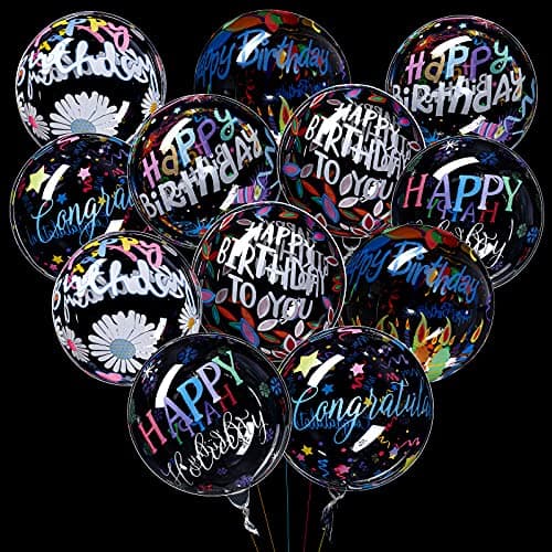 12 Pieces Happy Birthday Transparent Bobo Balloons Clear Round and Colorful 4D 20 Inches for Party Wedding Baby Shower Decoration