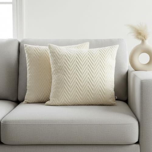 HOMEMONDE Boho Velvet Cushion Cover Set of 2 - Quilted Decorative Throw Cushion Case, 16 x 16 Inch Square Pillow Covers for Living Room - (Ivory - 40 x 40 CM)