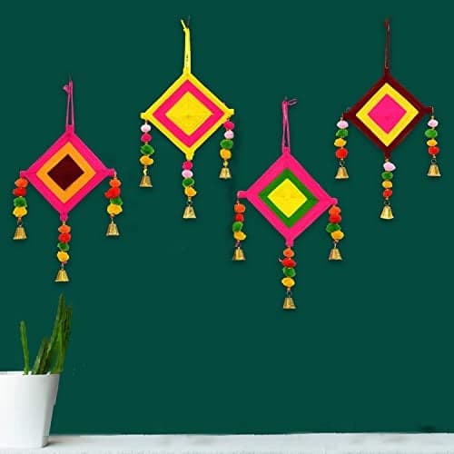 iHandikart Handmade Multicolor Woolen Kite Wall Hangings with Golden Bells - Pack of 4 (16 x 7 Inch) - Ethnic Decorative Patang for Makar Sankranti, Haldi & Mehendi, Festive Home Decor (K-0021)