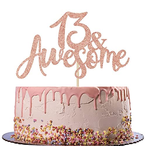 Festiko®Rose Gold Glitter 13 Awesome Cake Topper - Official 13 Teenager -13 & Fabulous - Boy/Girl 13 Years Old - Happy 13th Birthday Party Decoration