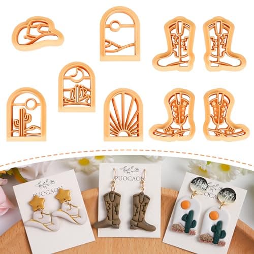 Puocaon Western Polymer Clay Cutters 9 Pcs Clay Cutters for Earrings Making Cowboy Hat Boot Rising Sun Desert Scene