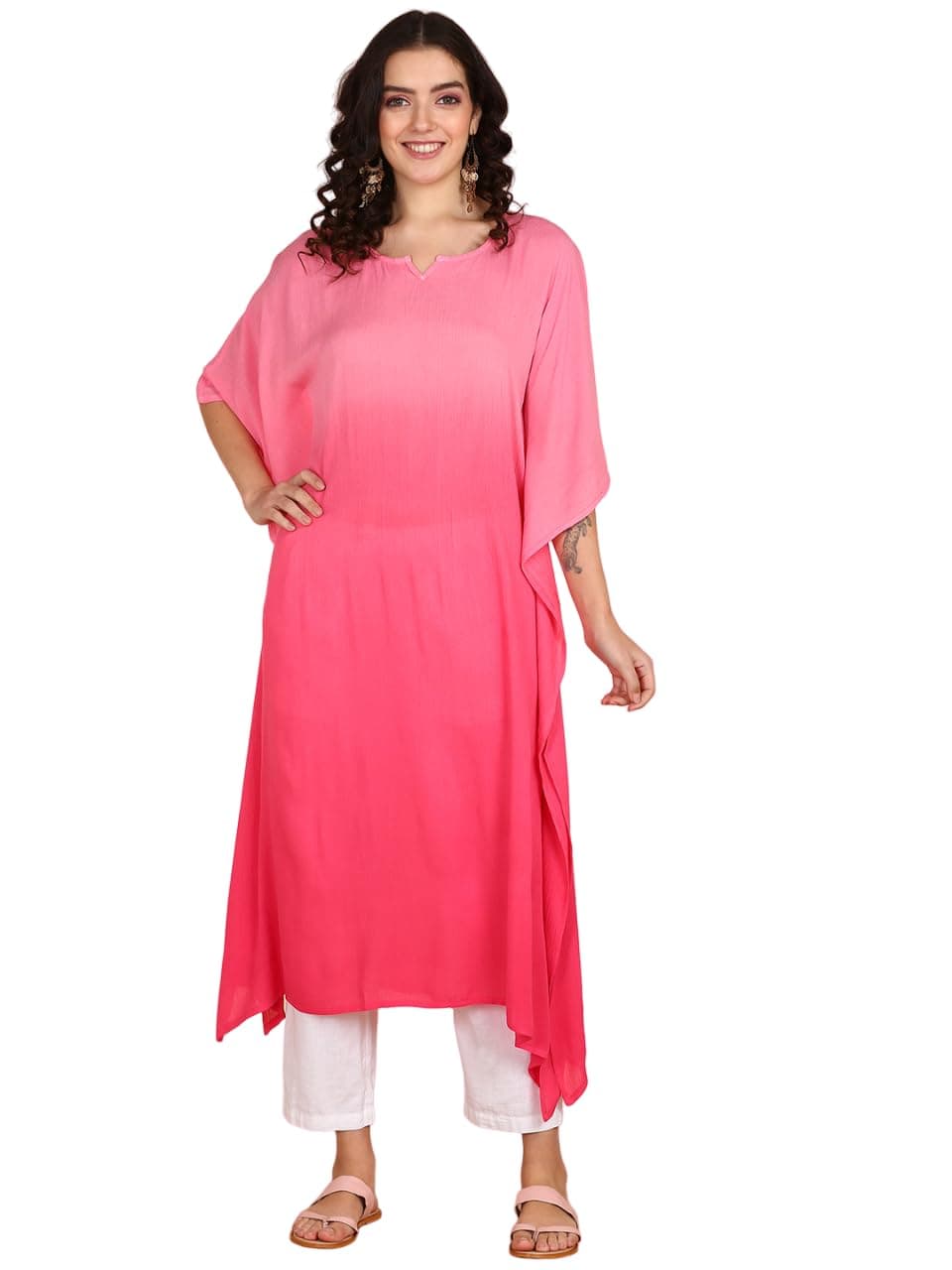 Maaesa Women Pink Handcrafted Tie & Dye Rayon Crepe Kaftan Dress | Casual Wear | Flowy Kaftan Style | Lightweight & Breathable Fabric