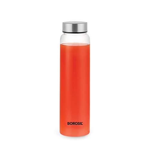 Borosil Crysto Stainless Steel Lid Wide Mouth Borosilicate Glass Water Bottle, , 1L (Silver), Set of 1