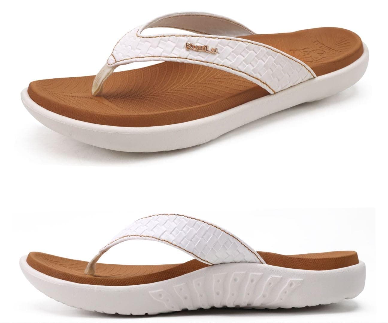 KuaiLu Flip Flops for Women Ladies Yoga Mat Comfortable Sport Walking Thong Sandal With Plantar Fasciitis Arch Support Slip-on Slides Indoor Outdoor For Summer Size 8.5 White Khaki