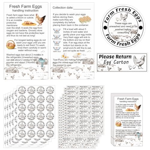 600 Pcs Farm Fresh Egg Carton Labels 600 Pcs Please Return Egg Carton Stickers 200 Pcs Double-Sided Egg Handling Instruction Cards Fresh Farm Egg Packaging Set for Eggs Care (Egg Set)