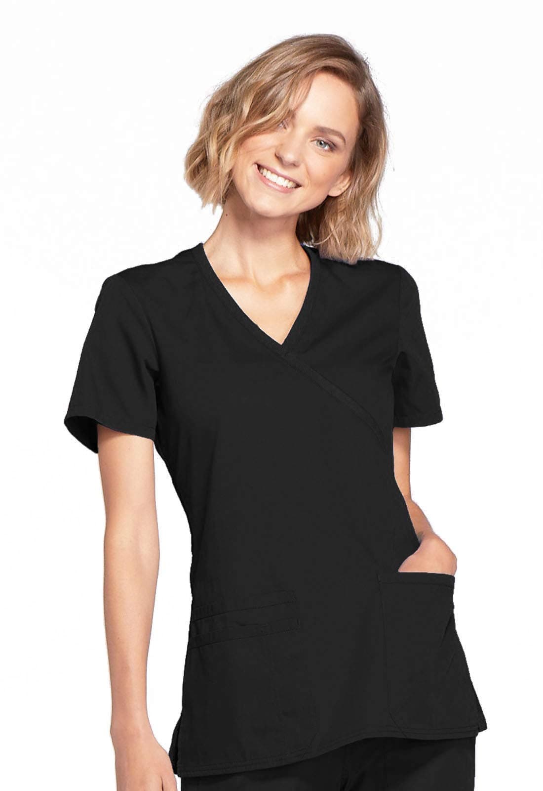 Cherokee Women's Workwear Core Stretch Mock Wrap Scrubs Shirt, Black, Medium