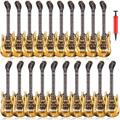 LaRandom 20 Pcs Inflatable Guitars 21 Inch Small Blow up Guitar with Inflator Gold Rock Instrument for Kids Birthday Rock and Roll Party Decorations Photo Booth Props
