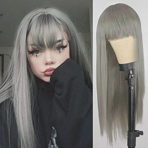 Kaneles Grey Long Wig With Bangs Straight Gray Wig Synthetic Natural Heat Resistant Fiber Hair Daily Cosplay Wig for Women Hair Wig