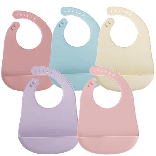 PandaEar 5 Pack Waterproof Silicone Baby Bibs| Super Thin Light Weight Feeding Bib with Food Catcher Pocket for Toddler (Pink/Linen/Purple/Blue)