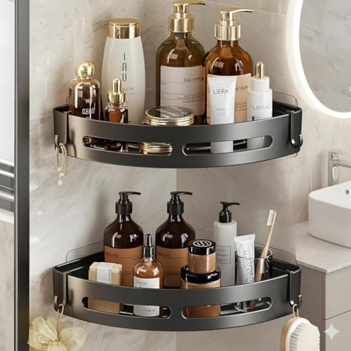 Xmart India Self-Adhesive Wall-Mount Bathroom Corner Shelf Rack Organizer – bathroom organiser without drill kitchen organizer rack & Bathroom Accessories Wall Mounted Organizer Shelf(2 Pcs,Black)