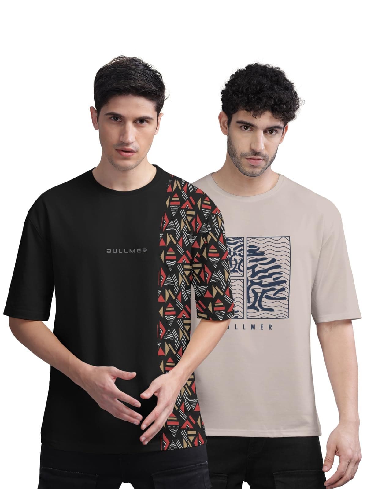 BULLMER Men Cotton Blend Trendy Front and Back Printed Oversized Round Neck T-Shirt - Pack of 2 Black/Beige XX-Large