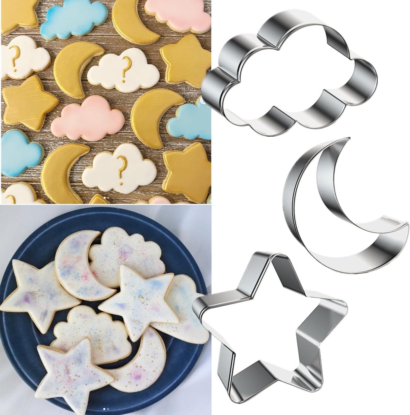 3 Pieces Star, Moon and Cloud Cookie Cutters, Stainless Steel Biscuit Cutters Molds Shapes for Birthday Cake Cupcake Party Decorations