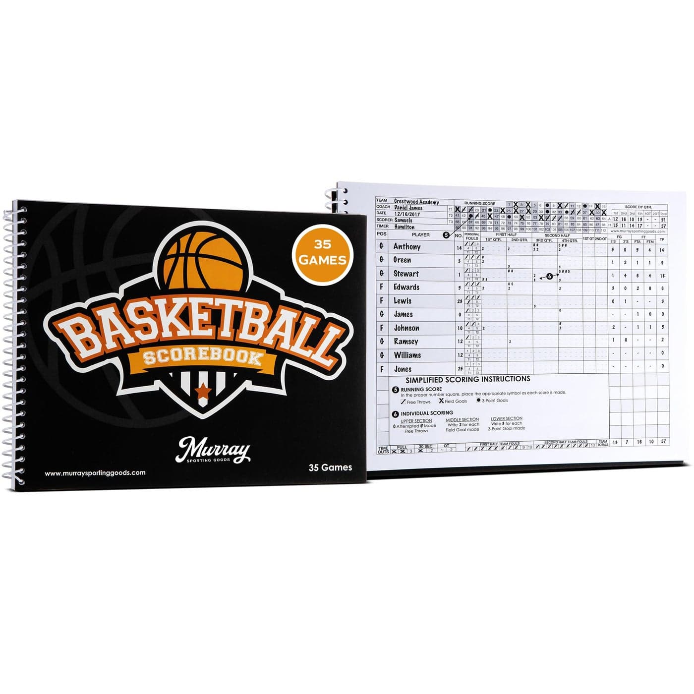 Murray Sporting Goods Basketball Scorebook - 35 Games Score Book Side by Side Score Keeping Book for Stats | Basketball Stat Tracking Book - High School, Middle School, Little League for Scorekeepers