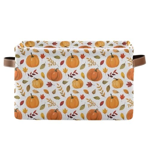 Wamika Fall Pumpkin Storage Basket with Waterproof Liner and PU Handles Autumn Maple Leaves Storage Bins Boxes 142 Collapsible Decorative Organizer Baskets for Bedroom Closet Office 1 Pack