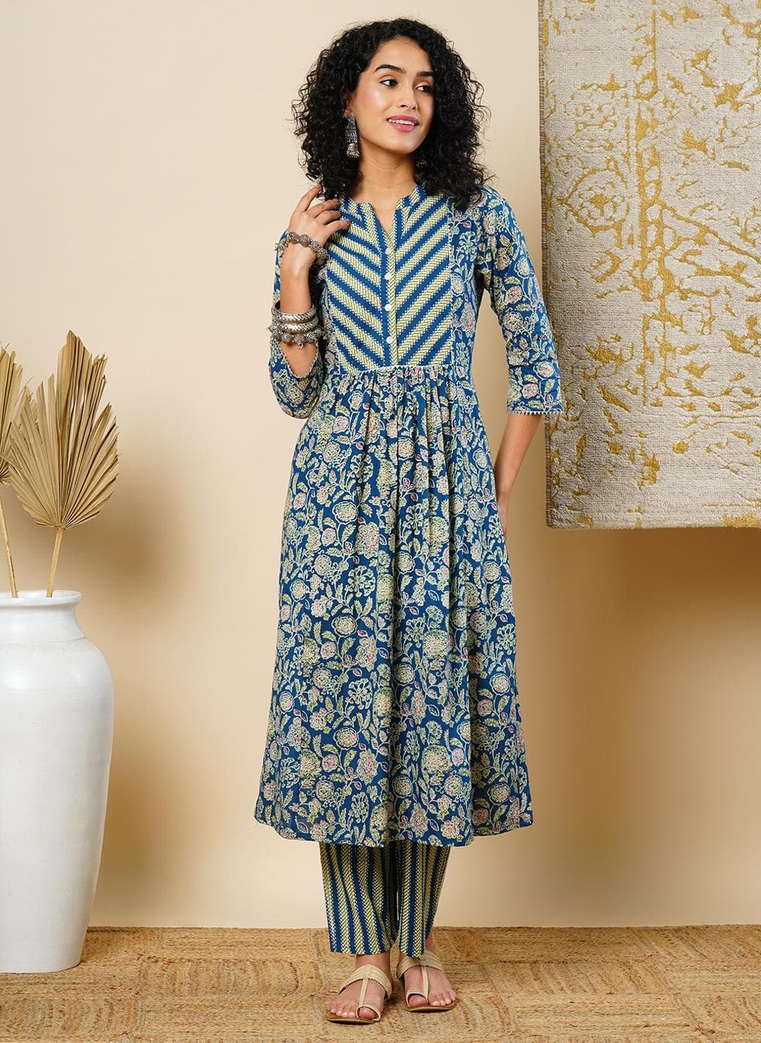 Globus Women Floral Printed Pleated Pure Cotton Kurta With Trousers